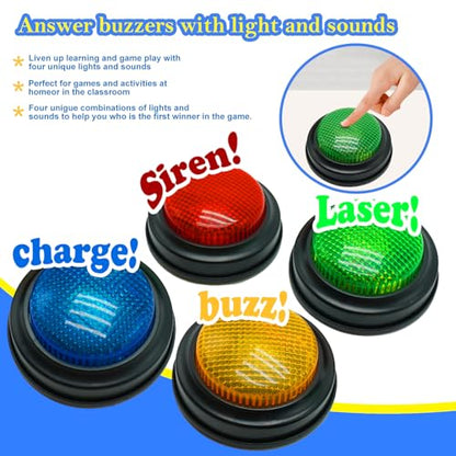 Gelabur Set of 4 Buzzers for Trivia Games, Answer Buzzers for Classroom, Family Feud Jeopardy Buzzer, Game Buzzers with Lights and Sound for Classroom, Game Show Buzzer Buttons