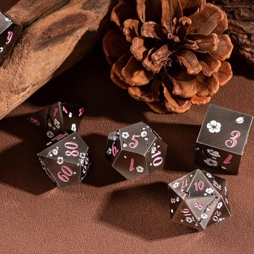 UDIXI Metal DND Dice Set, 7PCS Metal Polyhedral Dice Set Nickel for D&D RPG | White Flower, Metal Case Packaging, Heavy Metal Dice, D&D Gift, for Dungeons and Dragons Role Playing Games Tabletop Games - color: Flower/Nicklepink
