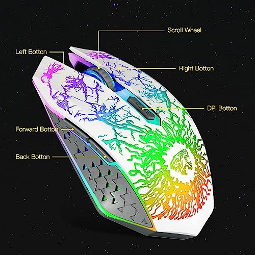 VEGCOO Wireless Gaming Mouse, Rechargeable Gaming Mouse, Silent Optical Mice with 2.4G USB Receiver, 3 Level DPI, 6 Buttons, 7 Colors LED Lights for PC/Mac Gamer, Laptop and Desktop - color: white