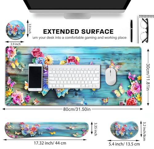 Large Gaming Mouse Pad+ Keyboard Wrist Rest Set, Ergonomics Memory Foam Mouse Mat Wrist Rest Support for Home Office, Waterproof Extended Mousepad 31.5x11.8in, Woodblock Flower Butterfly Desk Pad - color: Yvb-mousepad-9-f-151