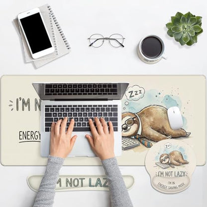 Britimes Sloth Funny Animal Keyboard Mouse Pad Set Beige Motivational 4in1 Large Mousepad+Keyboard Wrist Rest+Mouse Wrist Rest+Coaster Ergonomic Design for Home Office Computer 35.4x15.7 inches - color: Sloth Funny