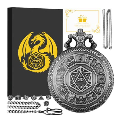 Keller & Weber Mini DND Dice Set, Center Number Dice Pocket Watch Case, 7 Pieces Polyhedral Metal D&D Dice, DND Gift with Gift Box, Role Playing Board Game Accessories, Dark Silver - color: Dark Silver
