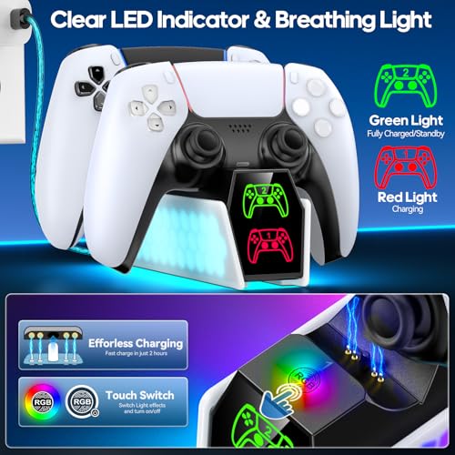 PS5 Controller Charger Station Compatible with DualSense & Edge Controllers, PS5 Charging Station Docking with RGB Light & LED Indicator for PS4 Controller Charger