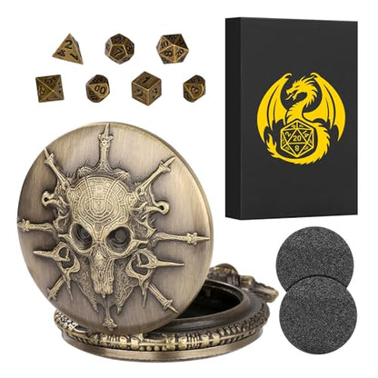 Mini DND Dice Set Steampunk Warlock Pocket Watch Shell Case, 7pcs Polyhedral Metal D&D Dice Set, DND Gifts with Gift Box for Gamer, Role Playing Board Games Accessories, Bronze - color: Warlock