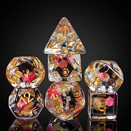 Cusdie 7-Die DND Dice, Polyhedral Dice Set Filled with Flowers, for Role Playing Game D&D Dice (Rose/White w/Golden Numbers) - color: Rose/White W/Golden Numbers