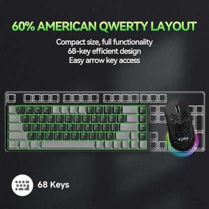 TMKB T68 60% Wireless Mechanical Gaming Keyboard, Tri-Mode BT5.0/2.4GHz/USB-C with Clicky Blue Switch, RGB Backlight, Anti-Ghosting, Compact 68 Keys, Wired/Wireless, Gray/Black - color: Grey Black/Blue Switch, size: Wireless