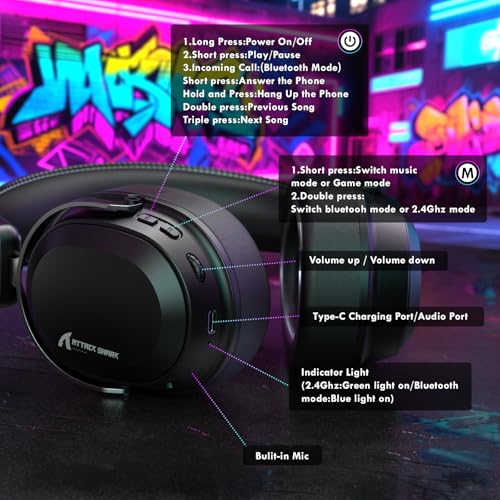 ATTACK SHARK L30Pro Wireless Gaming Headset with 2.4Ghz/BT/Wired, Long Battery Life with Detachable Microphone 7.1 Surround Sound Ultra-Low Latency for PC/PS5/Xbox/Switch/Mobile Black - color: Black