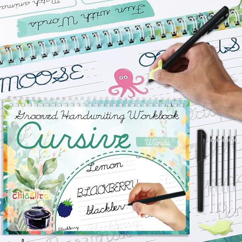 chiazllta Grooved Cursive Handwriting Workbook with Disappearing Ink Pens Magic Reusable Grooved Cursive Writing Practice for Beginners Kids Kickoff Student Workbook Homeschooling Supplies (Words) - style: Words