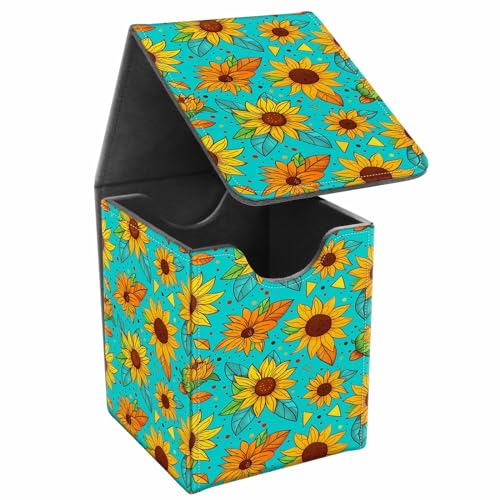 Card Deck Box, Card Storage Box Fits 100+ Single Sleeved Cards, Large Capacity PU Leather Card Storage Box with Strong Magnet for Magic Commander TCG CCG, Cartoon Sunflowers - color: Cartoon Sunflowers