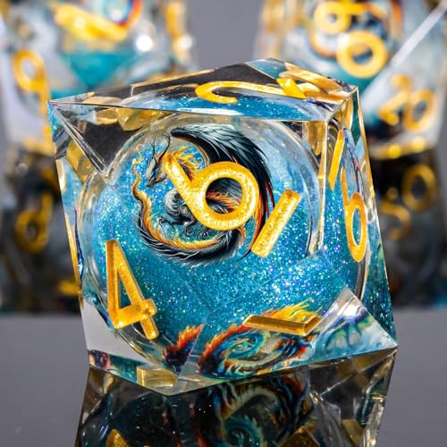 Roycevon Dragon Pattern Liquid Core DND Dice Set, 7Pcs Sharp Edge Dice with Gift Box, Resin Blue Dungeons Dragons D and D Role Playing Dice D20 D12 D10 D8 D6 D4 - color: Blue Gold