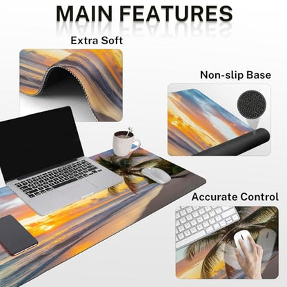 Arttown Sunset Ocean Desk Mat Tropical Beach Mouse Pad Set 4 in 1 Summer Sea Ergonomic Design Large Desk Pad + Keyboard Wrist Rest + Mouse Wrist Rest + Coaster Suitable for Home Office Study Game - color: Sunset Beach 1