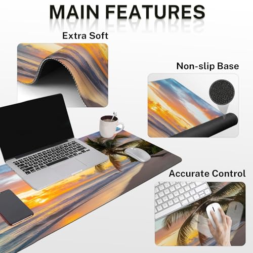 Arttown Keyboard Mouse Pad Set, 4 in 1 Desk Mat Set Beach Ocean | Sunset Tropical Summer Large Mousepad+Keyboard Wrist Rest+Mouse Wrist Rest+Coaster Ergonomic Design for Home Office Computer - color: Sunset Beach 1