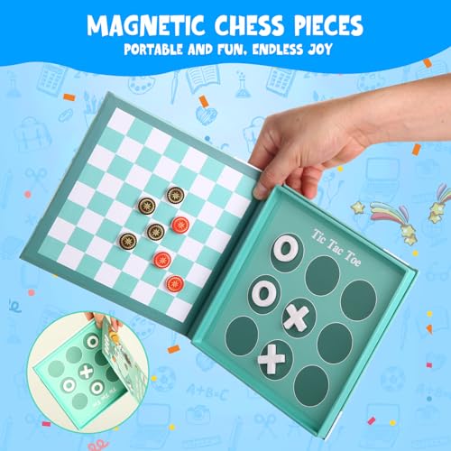 2-in-1 Magnetic Checkers & Tic-Tac-Toe Board Game | Travel Activities for Kids | Foldable Plane and Car Games | Family Fun Travel Essentials for Boy and Girl Over 3 Years - color: Checkers Game