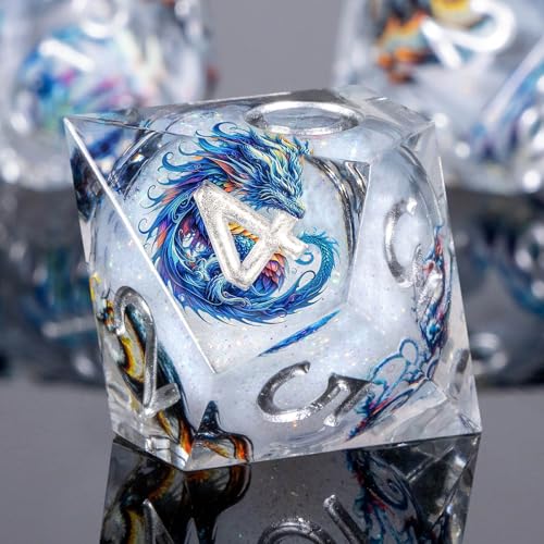 Roycevon Dragon Pattern Liquid Core DND Dice Set, 7Pcs Sharp Edge D&D Dice with Gift Box, White Resin Dungeons Dragons D and D Role Playing Dice D20 D12 D10 D8 D6 D4 - color: White