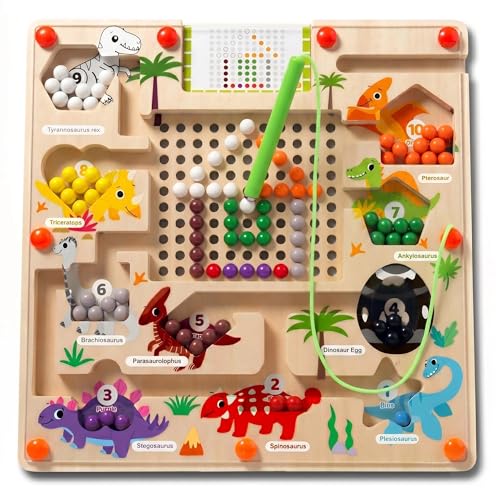 Magnetic Color and Number Maze for Toddlers, Wooden Dinosaur Counting Sorting Board with 20 Patterns Cards, Montessori Fine Motor Skills Toys for 3 4 5 Year Old Boys Girls Kids Gift