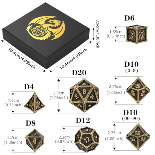 Metal Dice Set, Fly Dragon Pattern, 7pcs Polyhedral Metal DND Dice Set, DND Starter Set, D&D Gifts with Gift Box, Role Playing Board Games Accessories, Bronze ﻿ - color: Bronze