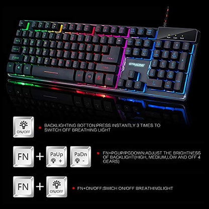 GTRACING Gaming Keyboard Wired USB Gamer Keyboards Rainbow LED Backlit 104 Keys Ergonomic Keyboard Compatible with Windows PC Gamer Desktop