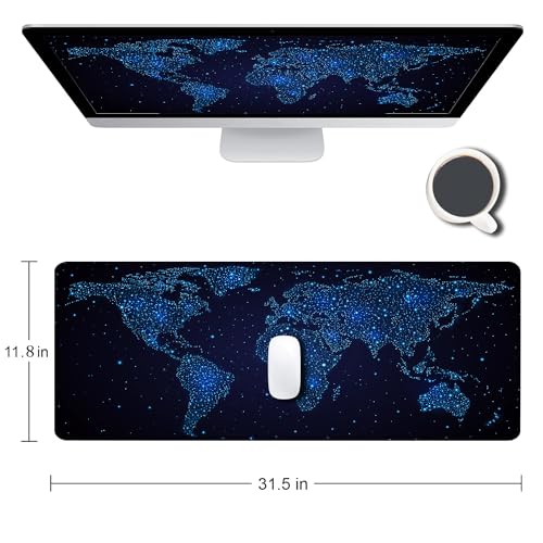 Large Gaming Mouse Pad with Stitched Edges, Desk Pad Extended Keyboard Mat, Non-Slip Rubber Base Mousepads for Laptop, Office, Home, 31.5X11.8 inch Galaxy World Map - color: 25 Galaxy World Map