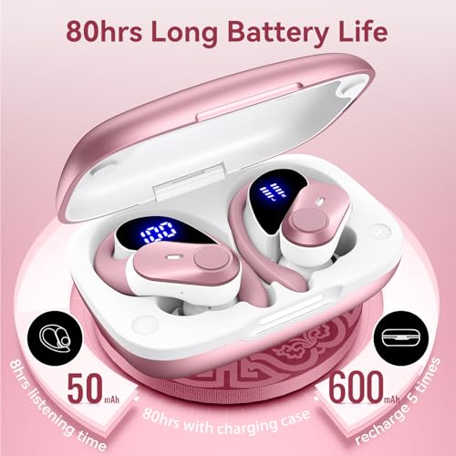 Active Noise Cancelling Ear Buds Wireless Earbuds 80H Playtime Bluetooth Headphones with LED Display Case, Hi-Res Audio Clear Calls Earphones with Over Ear Hooks for Running Gym Workout Rose Gold - color: Rose Gold