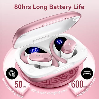 Active Noise Cancelling Ear Buds Wireless Earbuds 80H Playtime Bluetooth Headphones with LED Display Case, Hi-Res Audio Clear Calls Earphones with Over Ear Hooks for Running Gym Workout Rose Gold - color: Rose Gold