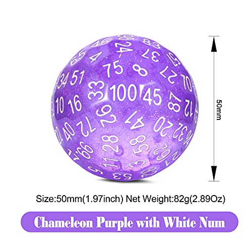 Glitter Purple D100 Dice DNDND 100 Sided Die with Translucent Pouch for Dungeons and Dragons(Chameleon Purple with White Number) - color: Glitter Purple