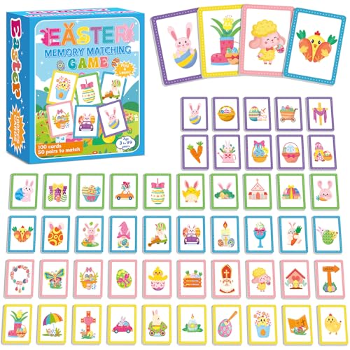gisgfim 100 PCS Memory Matching Game Easter Concentration Memory Games Card Learning Educational A Fun & Fast Easter Egg Bunny Religious Cross Matching Games - style: Easter