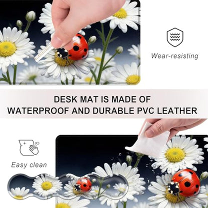 Mouse Pad,Large Desk Mat Set, 4in1 XL Mousepad + Keyboard Wrist Rest+Mouse Wrist Rest+Coaster with Ergonomic Desk Pad for Home Office Table Computer Cover -Ladybug on Daisy Flower - color: Ladybug on Daisy Flower