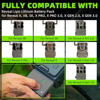 4-Pack Reveal Lipo Lithium Battery Pack, Compatible with Reveal SK, X, XB, X Pro, Pro 3.0, X Gen 2.0/Gen 3.0 Trail Camera Rechargeable Battery Cartridges, Support Solar Charging, With LED Indicator