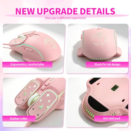 Wired Gaming Mouse, Lightweight USB Optical Computer Mice with 7 Buttons, 4 Adjustable DPI (1200-7200), Ergonomic Shape for Computers and Laptops, Pink - color: Pink
