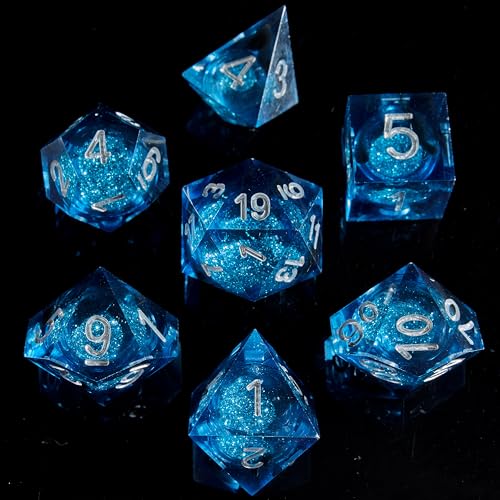 FugaCity Dice Set,Handmade Sharp Edge 7 Piece Resin Dice-Dungeon&Dragons Polyhedral Dice Set, D&D Dice Set with Gift Dice Case for RPG MTG Table Games - color: A-liquid Core Blue