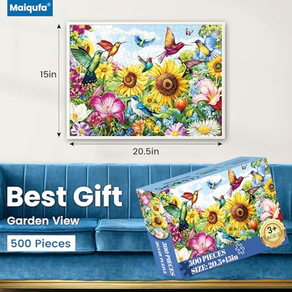 500 Pieces Puzzle for Adults - Summer Birds Garden Jigsaw Puzzle for Adults Teens,Recycled Cardboard Hummingbird Flowers Puzzle 500 Pieces,Challenging Game for Family Fun & Gift Idea,20.5 x 15 in - style: Birds Garden