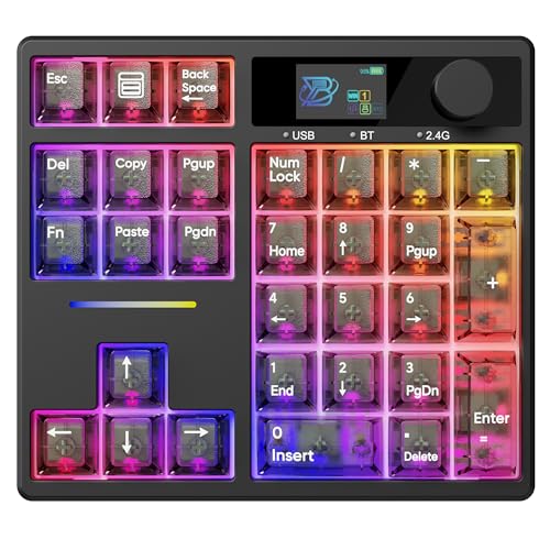 X BOYI TD31Pro Mechanical Numpad,Hot Swap Wireless BT5.0/2.4GHz/Type-C Wired Numeric Keypad with Screen&Knob,30Keys PBT Keycaps RGB Gaming Macro Number Pad for PC Laptop (Transparent Black) - color: Transparent Black