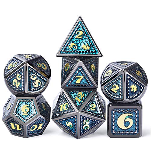 DNDND Metal Dice, 7 PCS Dragon Scale Metallic DND Die with Gift Metal Case for Dungeons & Dragons D&D (Teal with Black Edge) - color: Teal With Black Edge