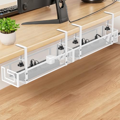 Cable Management Tray, 15.75" Under Desk Cable Management No Drill | Heavy Duty Metal Cord Organizer for Standing Desk, Gaming Desk, Home Office Wire Management for Home Office, 2 Pack, White - color: White-2 pack