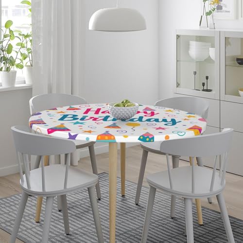 Famame Happy Birthday Hat Banner Round Fitted Tablecloth with Elastic Protector Table Kitchen Dinner Waterproof Oil-Proof Table Covers Fits 40"-44", Small - color: Happy Birthday Hat Banner, size: Small (40"-44")
