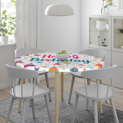 Famame Happy Birthday Hat Banner Round Fitted Tablecloth with Elastic Protector Table Kitchen Dinner Waterproof Oil-Proof Table Covers Fits 40"-44", Small - color: Happy Birthday Hat Banner, size: Small (40"-44")