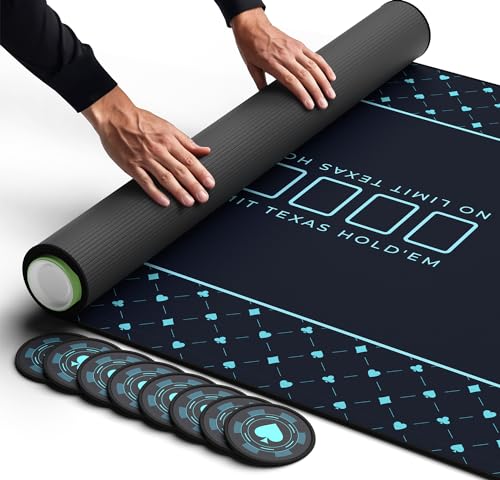 Newverest Poker Table Top 70" x 35", Texas Hold'em Poker Mat for Home Game Nights Up to 10 Players, Casino| Poker Topper Cloth for Tables in Zipper Storage Bag with 8 Coasters in Poker Gift-Ready Box - color: Blue