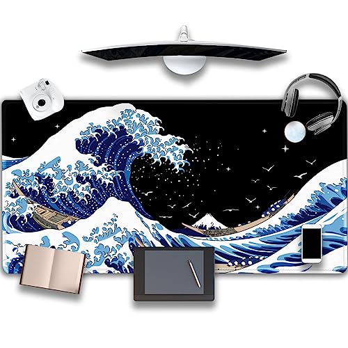 Gaming Laptop Mouse Pad,Sea Wave Big Mice Pads PC Keyboard Waterproof and Non-Slip 47.2" x 23.6" 0.15" Thick XL,XXL Rubber Table Mat, Kanagawa Surfing and Black Japanese Mouse Pads - color: A Kanagawa Surfing, size: 47.2" x 23.6"