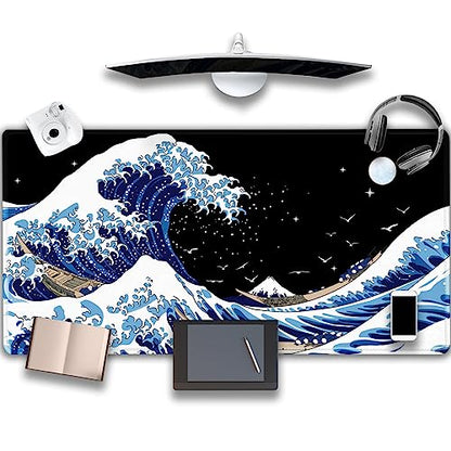 Gaming Laptop Mouse Pad,Sea Wave Big Mice Pads PC Keyboard Waterproof and Non-Slip 47.2" x 23.6" 0.15" Thick XL,XXL Rubber Table Mat, Kanagawa Surfing and Black Japanese Mouse Pads - color: A Kanagawa Surfing, size: 47.2" x 23.6"