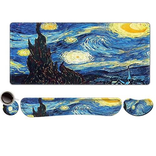 ToLuLu Large Mouse Pad, Memory Foam Keyboard Mouse Wrist Rest Support Set | Ergonomic Desk Mat with Stitched Edges, Gaming Extended Non-Slip Base Mousepad for Home Office, Van Gogh Starry Night - color: Van Gogh Starry Night