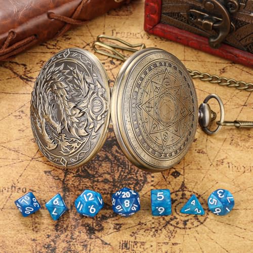 Mini DND Dice Set with Steampunk Dragon Large Pocket Watch Shell Case, 7-Piece Polyhedral Acrylic D&D Dice, DND Gift Bag with Dragon Logo, Role Play Board Game Accessories, Bronze + Blue - color: Bronze + Blue