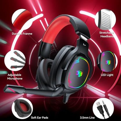 Jimonyer Gaming Headset with Microphone, 7.1 Surround Sound and Noise Canceling Over Ear Headphones for PC, PS4, PS5,Xbox Series,Switch, RGB Light and Soft Imitation Protein Earmuffs (Red) - color: Red