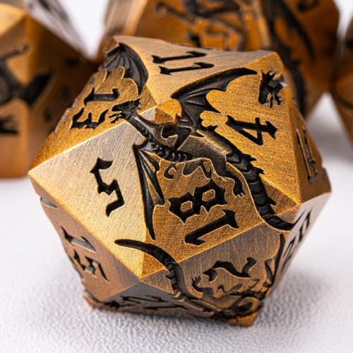 Metallic DND Dragon Dice Set,Sharp Edge Metal Polyhedral Dice with Dragon for Dungeons and Dragons RPG TTRPG D&D 7-Die Set with Gift Case - color: Dragon-antique Gold