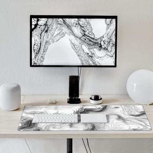 White Topographic Mouse Pad, XXL Extended Gaming Desk Mat, Non-Slip Rubber Base, Stitched Edges, 35.4" x 15.7" - color: White Topographic