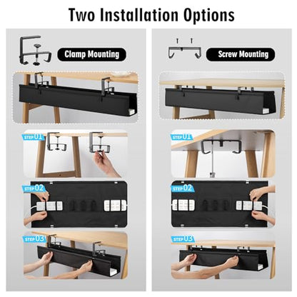Desk Cable Management Tray, Fabric Cable Organizer, No Drill Large Clamp/Screw Mount Wire Organizer-Support Up to 30lbs, Standing Desk Cable Management for Office Home (Black,28 Inch)