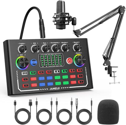 Podcast Equipment Bundle, Studio Equipment Kit with Voice Changer, Condenser Microphone, Mic Arm, OTG, Audio Mixer Sound card for Phone/PC/Laptop, Perfect for Recording Broadcast Streaming Gaming - size: Square Microphone Podcast Bundle