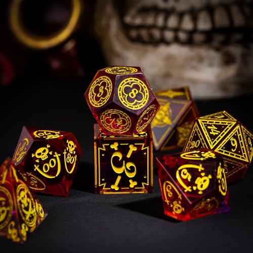 Cusdie 7-Piece Sharp Edges DND Dice Set with Pirate Design - Perfect for Tabletop RPGs Board Games Gifting and Collecting(Red w/Yellow Pirate Pattern) - color: Red W/Yellow Pirate Pattern
