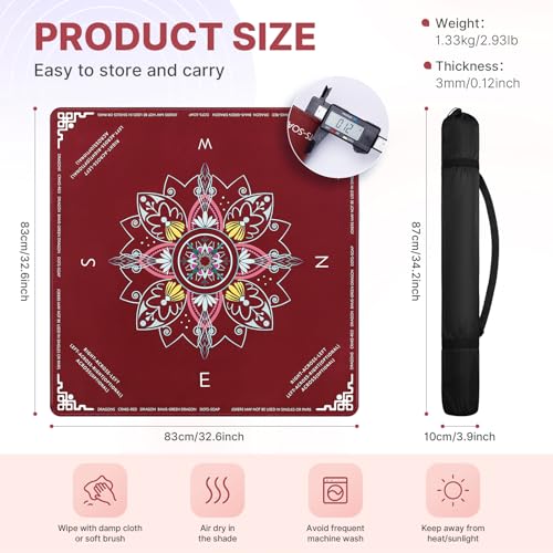 DEVPNR Mahjong Mat for Table with Rules, 32.6"x32.6", Red | Non-Slip Table Cover, Noise-Reducing, with Rules, Portable with Travel Bag, for American Mahjong, Poker, Card & Board Games - color: Red