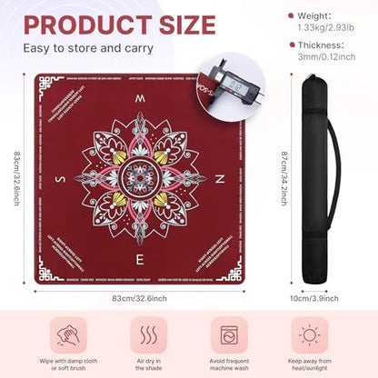 DEVPNR Mahjong Mat for Table with Rules, 32.6"x32.6", Red | Non-Slip Table Cover, Noise-Reducing, with Rules, Portable with Travel Bag, for American Mahjong, Poker, Card & Board Games - color: Red