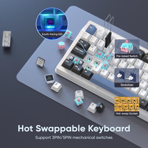 RedThunder K95 Wireless Mechanical Keyboard, TFT Screen & Knob, Tri-Mode BT5.0/2.4GHz/USB-C Hot Swappable Custom, Pre-lubed Linear Switches, Gasket Structure, RGB Gaming Keyboard, Snowy White-Blue - color: Snowy White-Blue